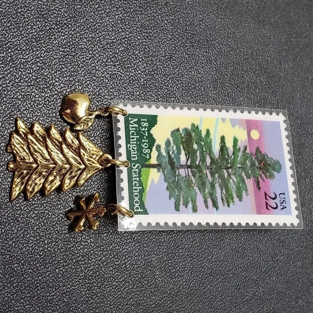 Michigan statehood stamp brooch gold tone